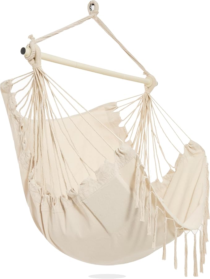 PNAEUT Hammock Chair with Tassel Hanging Rope Swing for Outside Indoor for Bedroom, Outdoor, Patio (Natural with Tassels)