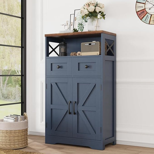 Befrases Farmhouse Blue Storage Cabinet with Barn Doors and Drawers, Small Freestanding Kitchen Pantry Cabinet, Hutch Cupboard for Kitchen, Laundry, Living Room,Bathroom