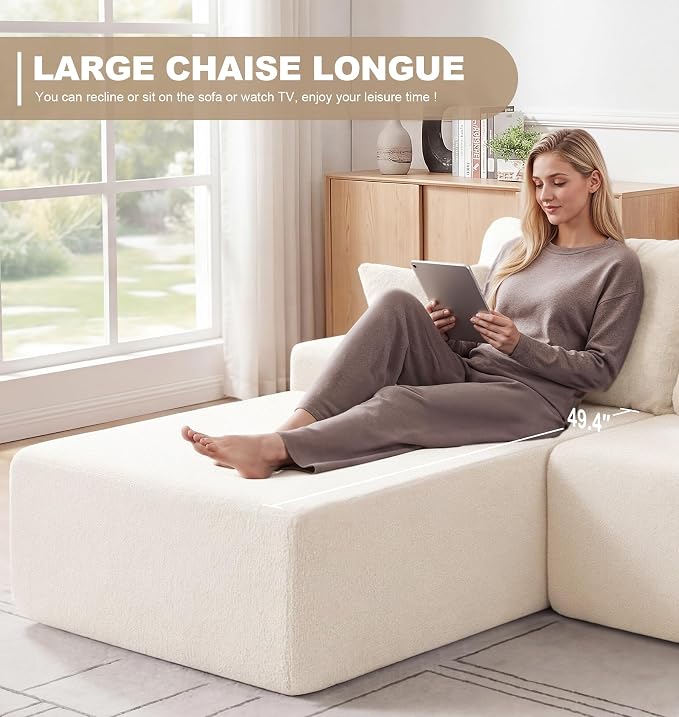 Hobestluk Modular Sectional Sofa Couches L-Shape Couch 3 Seat Modular Sofa Memory Foam Sectional Couches for Living Room, Cloud Couch with Oversized Chaise (White Smooth, 96", Left Hand Facing)