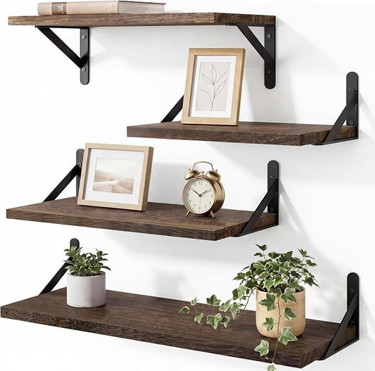 YGEOMER Wall Shelves, 4pcs Different Sizes Dark Carbonized Brown Floating Shelves for Decor