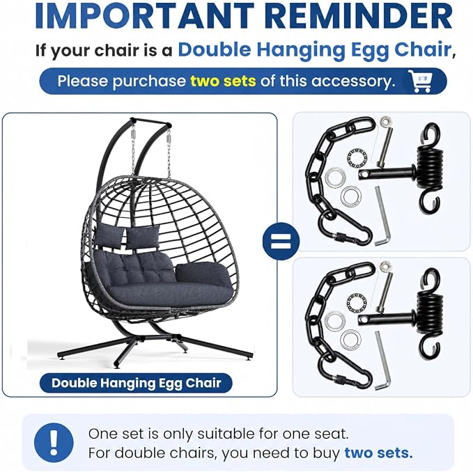 Patio Swing Egg Chair Hanging Kit with Spring, Pin Plug & Snap Hook – Heavy Duty Hammock Chair Hardware Accessories for Single Egg Chair with Stand, 550 lbs Capacity