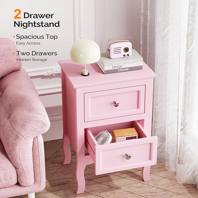 Bonnlo Nightstand with 2 Drawers, Night Stands for Bedrooms, Small Bed Side Table/White Night Stand with Drawers for Small Spaces, College Dorm, Kids’ Room, Living Room, French, 16W x 12D x 24H, Pink