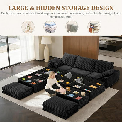 Upgrade Boneless Couch with Storage, Extra Deep&High Seat Modular Sectional Sofa 3 Seater U Shaped Cloud Couch with Ottoman, Tool-Free Assembly Sectional Couches for Living Room