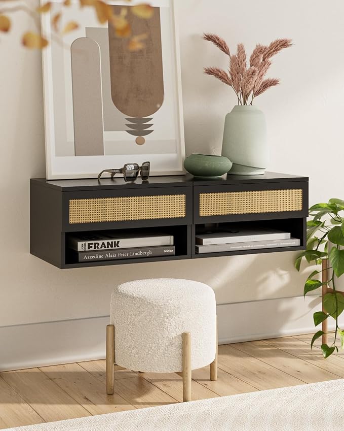 Floating Nightstand With Drawer - Small Modern Shelves for Bedroom, Bathroom (Black Rattan)