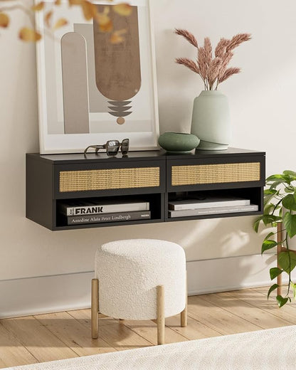 Floating Nightstand With Drawer - Small Modern Shelves for Bedroom, Bathroom (Black Rattan)