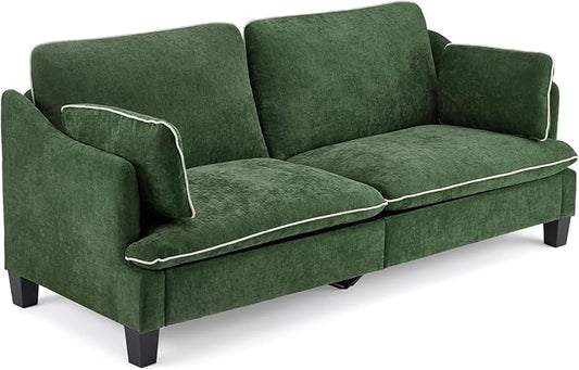 VINGLI 84" Extra Deep Seat Sofa Couch, 3 Seater Upholstered Living Room Couches with 2 Piped Seater Cushions, Throw Pillows, Modern Linen Velvet Fabric Sofa for Apartment Bedroom Office