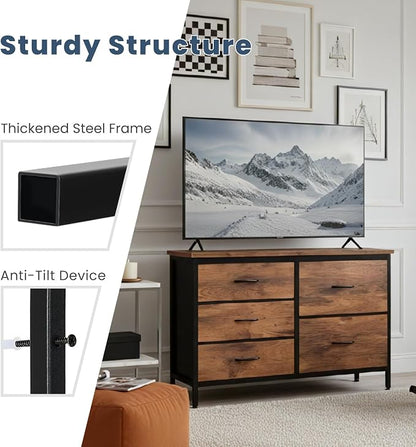 DUMOS TV Stand for Bedroom with 5 Drawers, Storage Chest of Drawers | Fabric Storage Organizers Units with Metal Frame for Books, Hallway, Rust