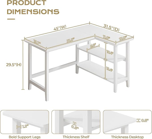 IOTXY Reversible L-Shaped Office Desk - 45" Compact Corner Computer Table with Storage Shelves, Solid Wood Legs, Writing & Study Workstation for Small Spaces, White