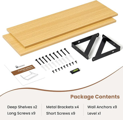 Axeman 24'' x 8'' Floating Shelves Set of 2, Rustic Oak Wall Shelves with Brackets, Engineered Wood, Includes Mounting Hardware, 35Lbs, Ideal for Books, Plants, Kitchen Utensils and Decorations