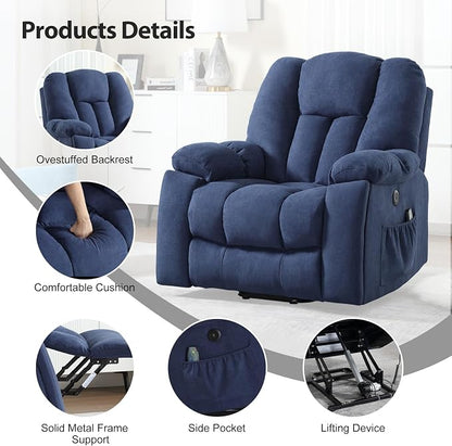 CANMOV Power Lift Recliner Chair with Massage and Heat for Elderly, Overstuffed Wide Recliners, Heavy Duty and Safety Motion Reclining Mechanism with USB Ports, 2 Concealed Cup Holders, Navy Blue
