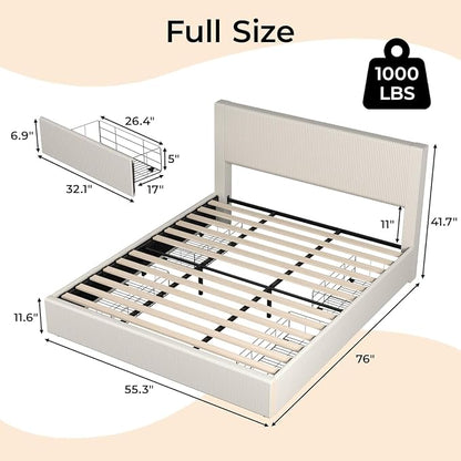 GAOMON Corduroy Full Bed Frame with Headboard, Platform Upholstered Bed Frame with 4 Storage Drawers and Wooden Slats Support, No Box Spring Needed, Beige