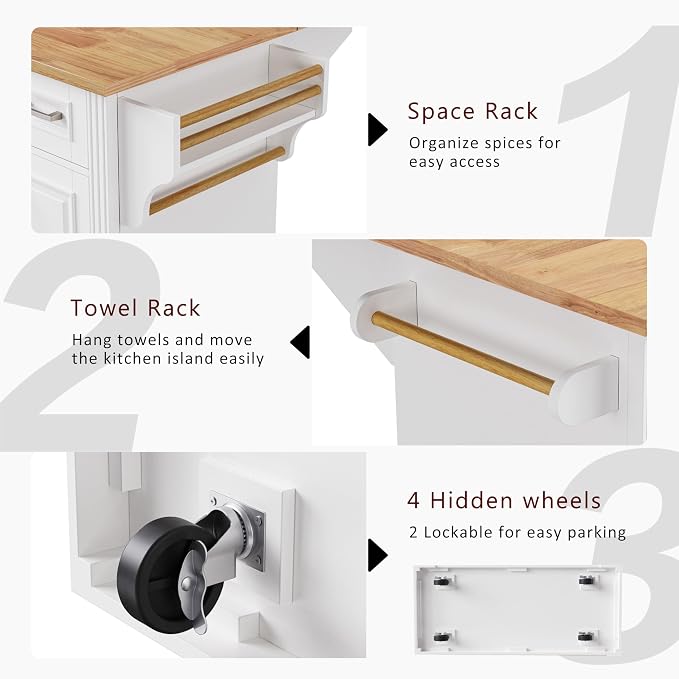 Large Kitchen Island with Rubber Wood Drop Leaf, Rolling Kitchen Cart with Ample Storage on Wheels with Doors and Drawers, Embossed Texture for Dining Room (54Inch, White, Silver Handle)