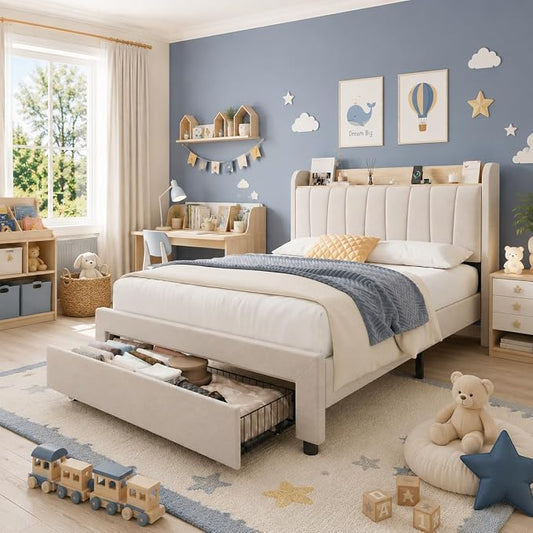 Garvee Upholstered Bed Frame Twin Size with Storage Headboard and Charging Station, Platform Bed Frame with Drawers, Heavy Duty, No Box Spring Needed, Easy Assembly, Beige