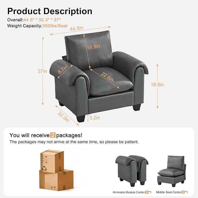 44.5" Faux Leather Single Sofa, Oversized Accent Chair with Curved Armrests, Cloud Modern Sofa Upholstered Deep Seat Reading Chair Armchair for Living Room, Bedroom，Grey