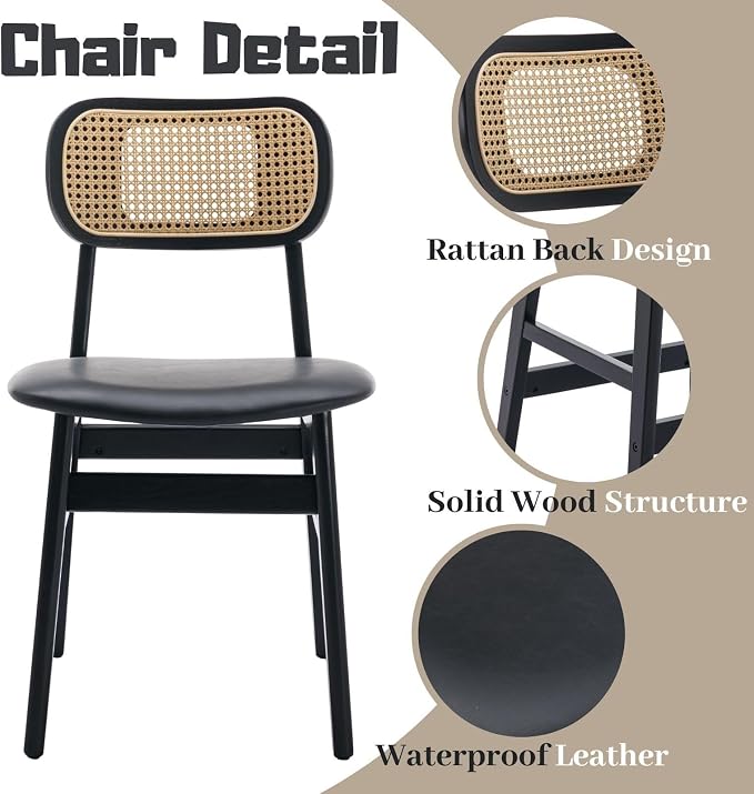 ROCITY Black Dining Chairs Set of 4 Faux Leather Dining Room Chairs with Rattan Back Farmhouse Kitchen Chairs Wooden Side Chairs