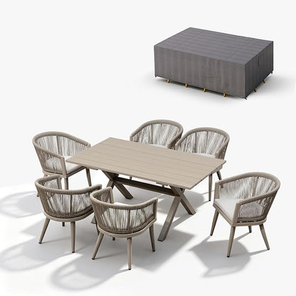 PURPLE LEAF Outdoor Dining Set with Waterproof Furniture Cover 7-Piece All-Weather Patio Set for 6 with Champagne Aluminum Table Rope Weave Chairs and Cushions, Champagne