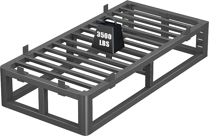 14 Inch Twin Bed Frames with Rounded Corner and Headboard Hole, Metal Platform Bed Frames 6 Non-Slip Guards, 3500lbs Heavy Duty Steel Slat Support, Squeak Free, No Box Spring Needed, Black