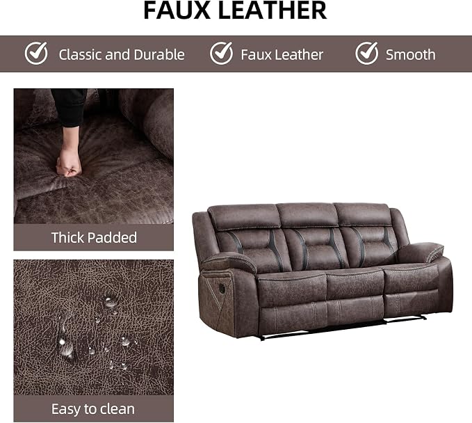 EBELLO Manual Recliner Sofa Set, Faux Leather Reclining Living Room Furniture Set, Included Loveseat and 3 Seat Manual Recliner Sofa, Grey(Loveseat+Sofa)