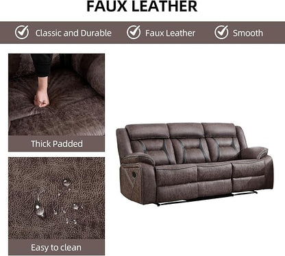 EBELLO Faux Leather Manual Reclining Sofa, 3 Seat Recliner Sofa Chair, Couch Furniture for Living Room, Furniture, Meeting Room, Grey (3 Seat Sofa)