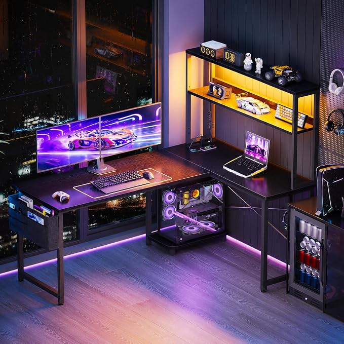 ODK 53 Inch L Shaped Gaming Desk with LED Lighting, Reversible Desk with Power Outlets, Cornor Computer Table with Storage Shelves & Bag & Iron Hook, Home Office Table for Writing, Study, Black