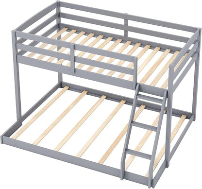 Giantex Twin Over Full Bunk Bed, Solid Wood Kids Bunk Bed with Full-Length Guardrails & Ladder, Low Bunk Beds with Slats Support for Kids, Teens, No Box Spring Needed, Grey