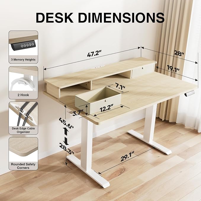 Veken 47x28 in Electric Standing Desk with Drawers, Adjustable Table, Wood | Stand up Computer Desk for Home Office, Work & Study, with Storage, 3 Memory Presets, Cable Organizer, Hook, and Quiet Lift.