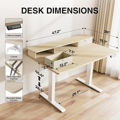 Veken 47x28 in Electric Standing Desk with Drawers, Adjustable Table, Wood | Stand up Computer Desk for Home Office, Work & Study, with Storage, 3 Memory Presets, Cable Organizer, Hook, and Quiet Lift.