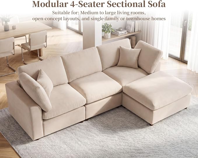 Modular Cloud Sectional Couches for Living Room, Oversized Modular Sectional Sofa with Ottoman, L Shaped 3 Seater Couch with Pillow, Light Camel