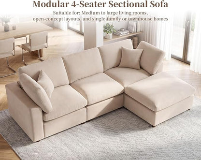 Modular Cloud Sectional Couches for Living Room, Oversized Modular Sectional Sofa with Ottoman, L Shaped 3 Seater Couch with Pillow, Light Camel
