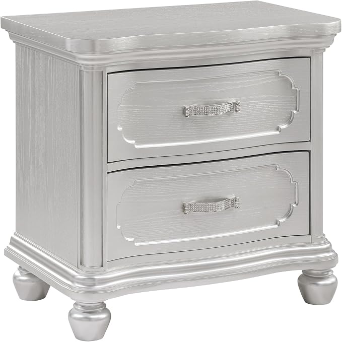 First of a Kind Roma Silver Finish Traditional 5 Piece Queen Bedroom Set with Upholstered Tufted Headboard Classic European Style Coordinated Furniture Collection