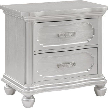 First of a Kind Roma Silver Finish Traditional 5 Piece Queen Bedroom Set with Upholstered Tufted Headboard Classic European Style Coordinated Furniture Collection