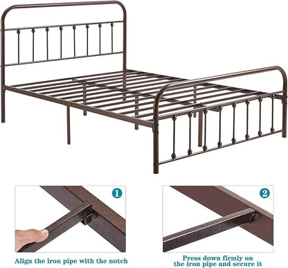 VECELO Full Size Victorian Style Metal Bed Frame with Headboard and Footboard Under Bed Storage No Box Spring Needed Strong Slat Suppor Bed Frame Purple Bronze