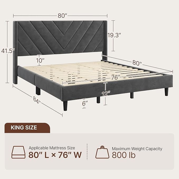 Yaheetech King Bed Frame Upholstered Platform Bed/Wooden Slat Support/Tufted Headboard with Wing Side/Mattress Foundation/No Box Spring Needed,Dark Gray King