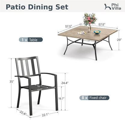 PHI VILLA 9 Pieces Outdoor Dining Set for 8, 57.5” Brown Wood-Like Square Metal Steel Table with Umbrella Hole & Stackable Wrought Iron Chairs, Large Outside Furniture for Patio, Deck, Yard, Porch