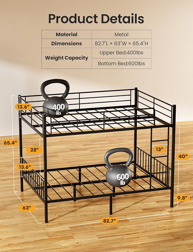 Mixcous Queen Over Queen Bunk Bed, Heavy-Duty Bed Frame with Safety Guardrails, Built-in PVC Rubber Cover Anti-Slip Ladder, Metal Bunk Bed, Noise Reduced, Black