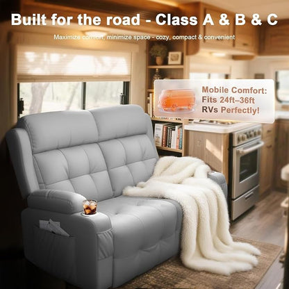 Reclining Loveseat, 55.1" RV PU Leather Wall Hugger Recliner Love Seats Sofa with Charging Station, Removable Armrest, Cup Holder, Double Recliners Couch, Manual Love Seat for Living Room