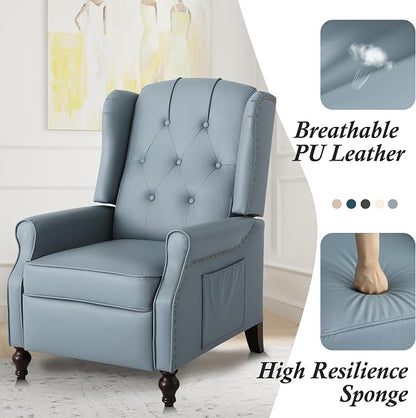 Wingback Recliner Chair with Massage and Heat, Tufted PU Leather Push Back Arm Chair for Living Room Vintage Recliner Chair with Remote Control, Padded Cushion, Backrest (Blue-PU)