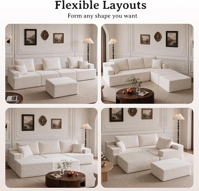 103" Modular Sectional Sofa, Comfort U Shaped Boneless Couch for Living Room, Extra Deep Seats No Assembly, Corduroy (White, 3 Seater + 2 Ottomans）