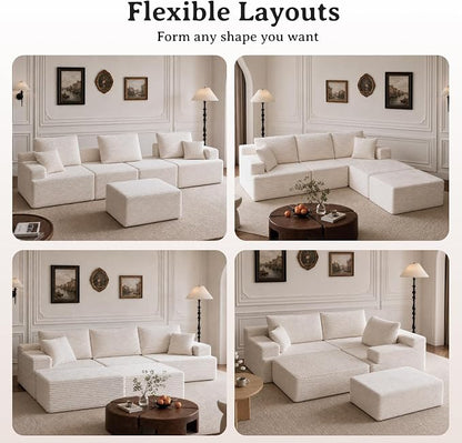 103" Modular Sectional Sofa, Comfort U Shaped Boneless Couch for Living Room, Extra Deep Seats No Assembly, Corduroy (White, 3 Seater + 2 Ottomans）