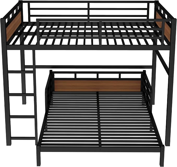 Queen Over Queen Metal Bunk Bed, Heavy Duty Convertible Bunk Bed Frame with Headboard & Full Guardrails, Can Be Split into Two Platform Beds or Loft Bed,Walnut