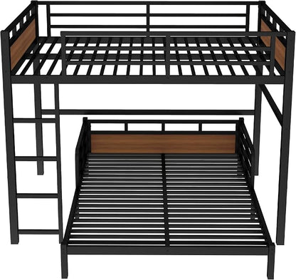 Queen Over Queen Metal Bunk Bed, Heavy Duty Convertible Bunk Bed Frame with Headboard & Full Guardrails, Can Be Split into Two Platform Beds or Loft Bed,Walnut
