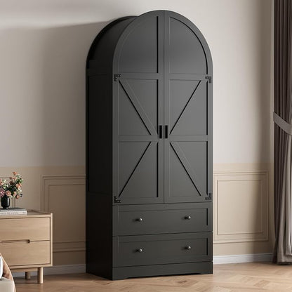 Gyfimoie Black Armoire Wardrobe Closet with 2 Drawers, 75" Wooden Wardrobe with 2 Doors, Freestanding Closet Armoire Cabinet with Hanging Rack, Clothing Storage Cabinet for Bedroom (Black)