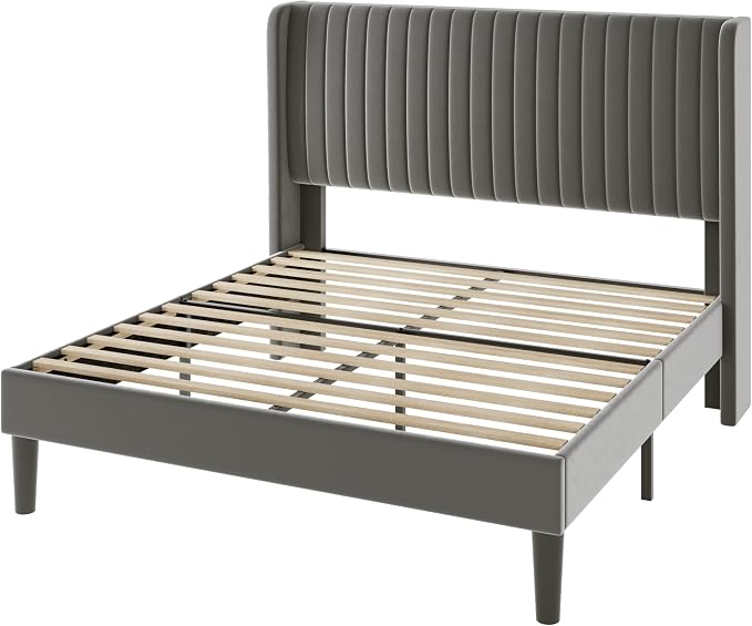 Allewie Queen Size Velvet Bed Frame/Vertical Channel Tufted Wingback Headboard/Upholstered Platform Bed/Strong Wooden Slats/No Box Spring Needed/Easy Assembly/Grey
