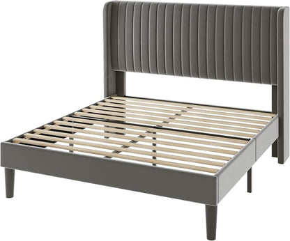 Allewie Queen Size Velvet Bed Frame/Vertical Channel Tufted Wingback Headboard/Upholstered Platform Bed/Strong Wooden Slats/No Box Spring Needed/Easy Assembly/Grey