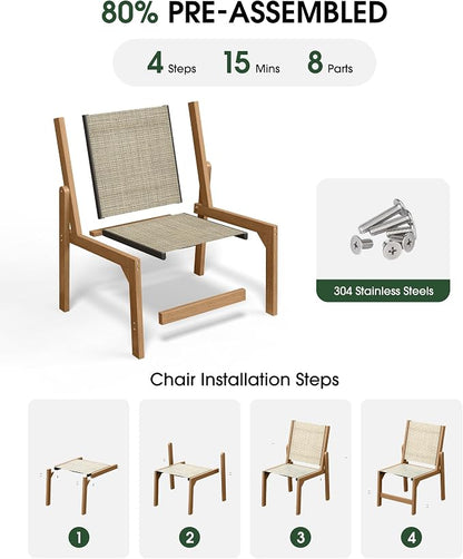 Patio Stackable Chair, HDPE Armless Outdoor Dining Chairs with Wide Seat, All-Weather Textilene Oversized Porch Chair for Garden, Poolside, Backyard, Deck | Teak