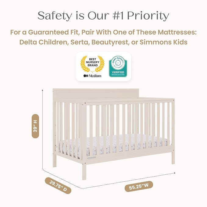 Delta Children Isabelle 6-in-1 Convertible Crib, Converts to Toddler Bed, Daybed, Sofa & Full Bed with/Without Footbaord, Greenguard Gold Certified, Mattress Heights, Soft Beige