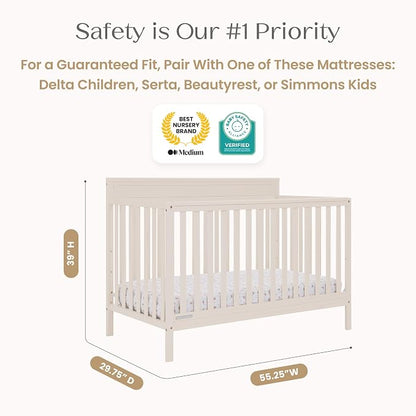Delta Children Isabelle 6-in-1 Convertible Crib, Converts to Toddler Bed, Daybed, Sofa & Full Bed with/Without Footbaord, Greenguard Gold Certified, Mattress Heights, Soft Beige