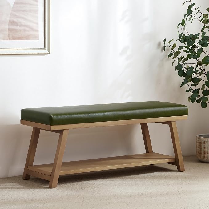 Zihanhome 45" Entryway Bench Upholstered Storage Bench for Bedroom Shoe Rack Bench for Living Room, Hallway, Mudroom, Balcony, Sturdy Indoor Bench Seat Holds Up to 300 lbs (PU-Green)