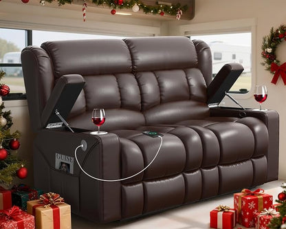 RV Loveseat Recliner Sofa, Wall Hugger Reclining Loveseat RV Couch with USB Ports, Large Pockets, Cup Holders, 150° Adjustable RV Recliners Furniture for Travel Trailers & Home Theater Seating