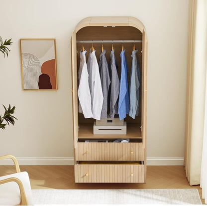 LEVNARY Arched Armoire Wardrobe Closet, Mid-Century Modern 2-Door Freestanding Wardrobe with Hanging Rod and 2 Drawers, Fluted Carved Clothing Storage Cabinet for Bedroom (Natural)